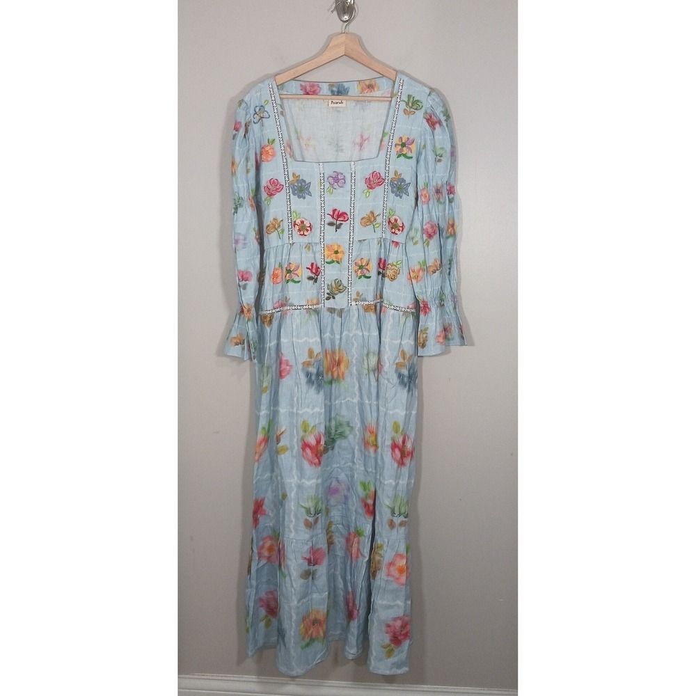 Pozuh Cala Embroidered Tiered Floral Blue Maxi Dress Women's Size L